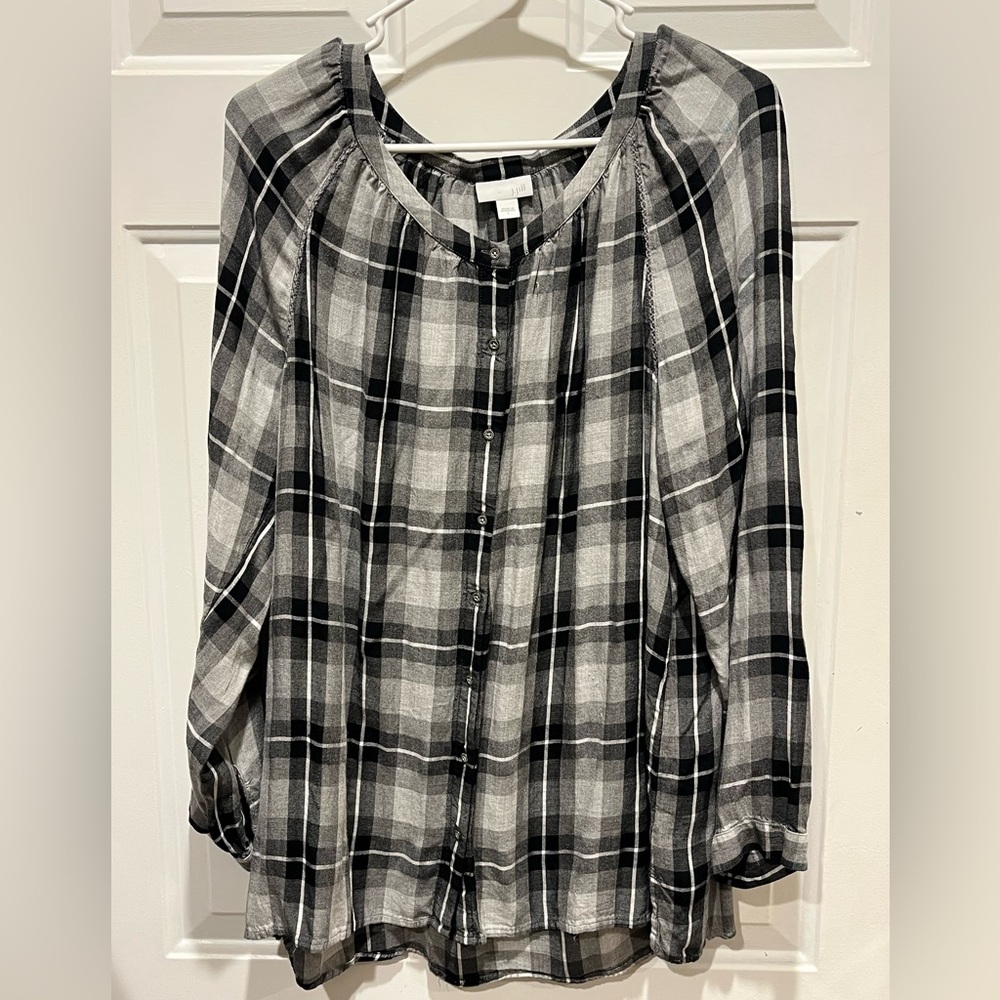 J. Jill Black & White Plaid Tunic Top Full Front Button Top Women's Large